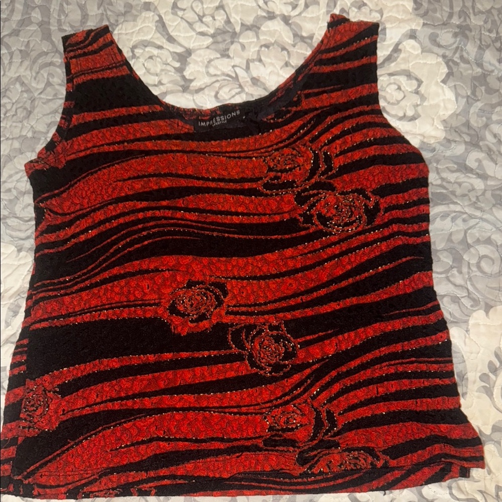 Impressions Red and Black Patterned Tank Top